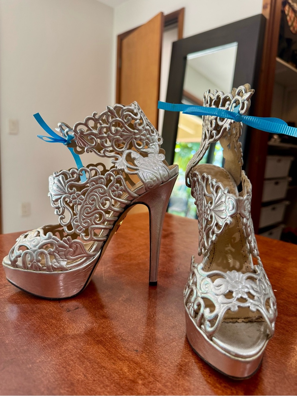 Charlotte Olympia Silver Filigree Platform Stiletto Sandals - Picture 8 of 12